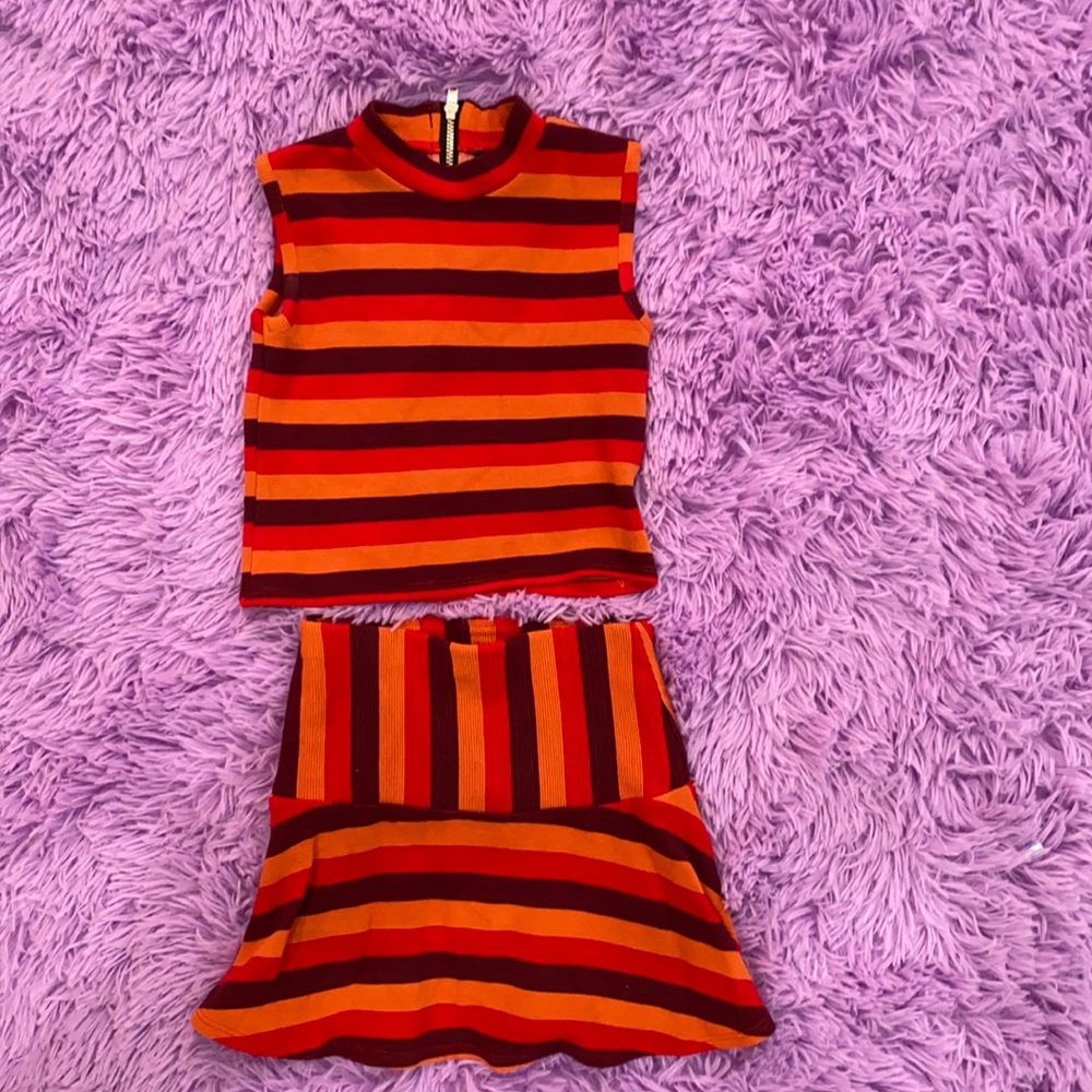 2 piece brown, burnt orange & red striped outfit